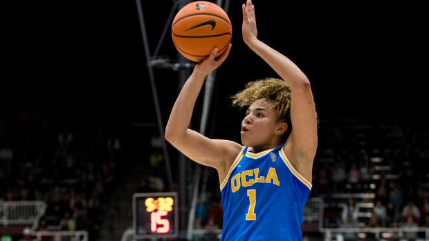 Feb 20, 2023; Stanford, California, USA; UCLA Bruins guard Kiki Rice (1) shoots against the Stanford Cardinal during the second half at Maples Pavilion.