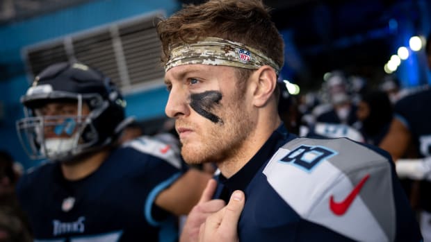 Tennessee Titans quarterback Will Levis (8) prepares to head to the field before a game against the Carolina Panthers at Nissan Stadium 
