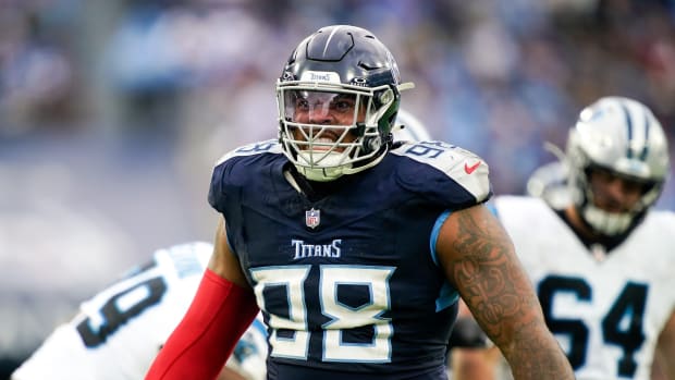 Tennessee Titans defensive tackle Jeffery Simmons (98) celebrates sacking Carolina Panthers quarterback Bryce Young during the third quarter at Nissan Stadium.