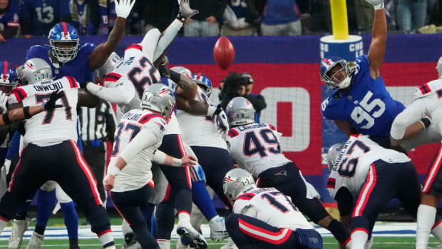 Patriots kicker Chad Ryland attempts a field goal vs. the Giants.
