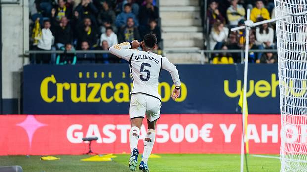 Jude Bellingham pictured celebrating after scoring for Real Madrid in a 3-0 win at Cadiz in November 2023