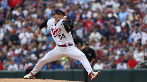 Oct 4, 2023; Minneapolis, Minnesota, USA; Minnesota Twins starting pitcher Sonny Gray (54) throws a pitch in the first inning against the Toronto Blue Jays during game two of the Wildcard series for the 2023 MLB playoffs at Target Field.