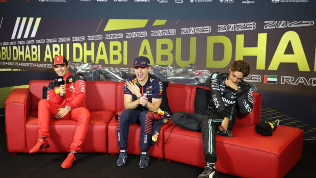 Podium finishers in Sunday's season-ending F1 race in Abu Dhabi (left to right): Runner-up Charles Leclerc, race winner Max Verstappen and third-place finisher George Russell. Photo courtesy Formula One.