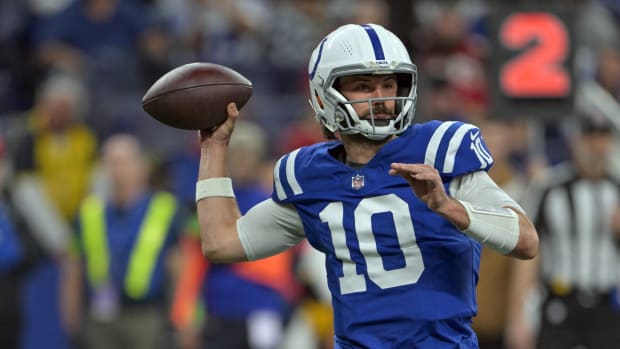 Nov 26, 2023; Indianapolis, Indiana, USA; Indianapolis Colts quarterback Gardner Minshew (10) throws a pass during the second half against the Tampa Bay Buccaneers at Lucas Oil Stadium.