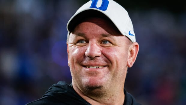 Sep 30, 2023; Durham, North Carolina, USA; Duke Blue Devils head coach Mike Elko smiles just before the game against Notre Dame Fighting Irish at Wallace Wade Stadium.