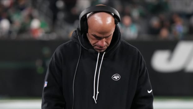 Jets' head coach Robert Saleh appears frustrated after a loss to Miami