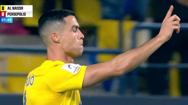 Cristiano Ronaldo pictured waving his finger towards the referee to tell him NOT to award a penalty after the Al Nassr captain had gone down inside the 18-yard box during a game against Persepolis in November 2023