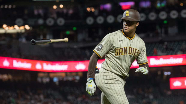 Sep 26, 2023; San Francisco, California, USA; San Diego Padres left fielder Juan Soto (22) tosses his bat after hitting a home run during the seventh inning against the San Francisco Giants at Oracle Park.