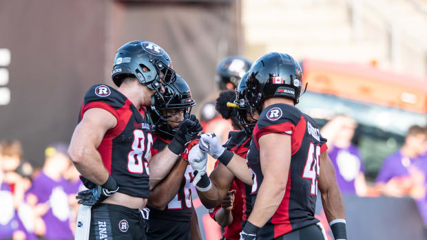 Jun 15, 2023; Ottawa, Ontario, CAN; The Ottawa REDBLACKS huddle prior to game against the Calgary Stampeders at TD Place. Mandatory Credit: Marc DesRosiers-USA TODAY Sports