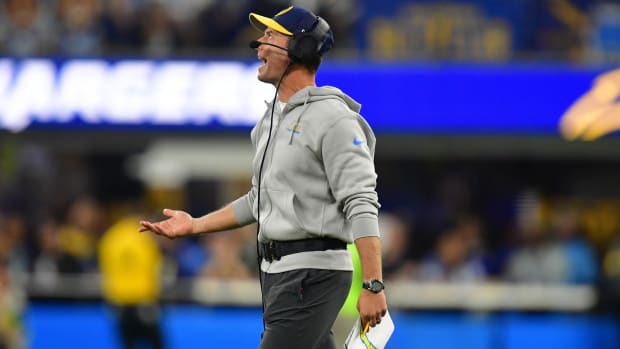 Nov 26, 2023; Inglewood, California, USA; Los Angeles Chargers head coach Brandon Staley reacts during the second half at SoFi Stadium. Mandatory Credit: Gary A. Vasquez-USA TODAY Sports  