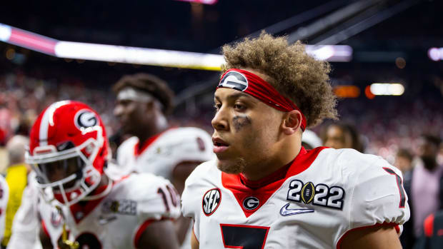 Jan 10, 2022; Indianapolis, IN, USA; Georgia Bulldogs wide receiver Jermaine Burton (7) against the Alabama Crimson Tide in the 2022 CFP college football national championship game at Lucas Oil Stadium.