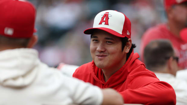 Sep 17, 2023; Anaheim, California, USA; Los Angeles Angels two-way player Shohei Ohtani (17) sits in the dugout during the MLB game against the Detroit Tigers at Angel Stadium.