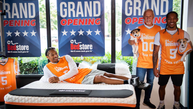 Tennessee basketball's Zakai Zeigler relaxes on his ZZ Mattress at The Bed Store in West Knoxville on Thursday, August 10, 2023. The Bed Store announced a Name, Image, Likeness deal with Zeigler, who will earn money from each ZZ Mattress purchase.