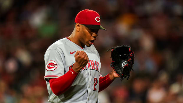 Jun 1, 2023; Boston, Massachusetts, USA; Cincinnati Reds starting pitcher Hunter Greene (21) reacts after the third out to end the sixth inning against the Boston Red Sox at Fenway Park. Mandatory Credit: David Butler II-USA TODAY Sports
