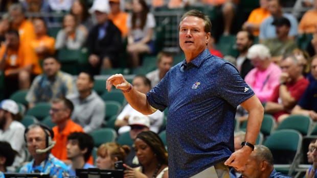 Nov 22, 2023; Honolulu, HI, USA; Kansas Jayhawks head coach Bill Self during the first half of a game against the Tennessee Volunteers played at SimpliFi Arena at Stan Sheriff Center. Mandatory Credit: Steven Erler-USA TODAY Sports  