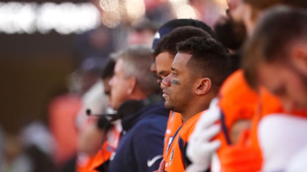 Denver Broncos quarterback Russell Wilson (3) looks on before the game against the Cleveland Browns at Empower Field at Mile High.