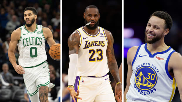 Boston Celtics forward Jayson Tatum, Los Angeles Lakers forward LeBron James and Golden State Warriors guard Stephen Curry.