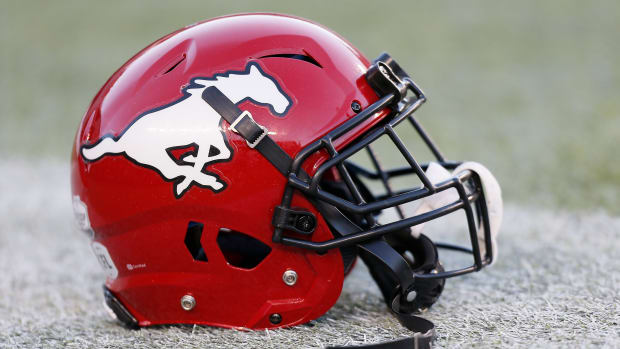 Nov 25, 2018; Edmonton, Alberta, CAN; The helmet of the Calgary Stampeders during the warm-up of the 106th Grey Cup game against the Ottawa Redblacks at The Brick Field at Commonwealth Stadium. Mandatory Credit: John E. Sokolowski-USA TODAY Sports