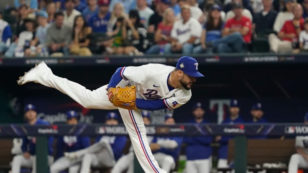 Oct 28, 2023; Arlington, TX, USA; Texas Rangers relief pitcher Martin Perez (54) pitches in the eighth inning against the Arizona Diamondbacks in game two of the 2023 World Series at Globe Life Field. Mandatory Credit: Raymond Carlin III-USA TODAY Sports