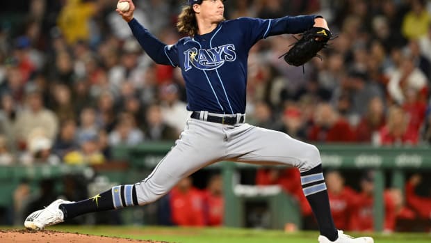 Sep 27, 2023; Boston, Massachusetts, USA; Tampa Bay Rays starting pitcher Tyler Glasnow (20) pitches against the Boston Red Sox during the third inning at Fenway Park.