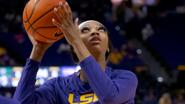 LSU forward Angel Reese looks up to shoot the ball during warm-ups against Mississippi Valley State.