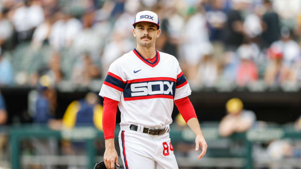 Aug 13, 2023; Chicago, Illinois, USA; Chicago White Sox starting pitcher Dylan Cease (84) walks back to dugout after pitching against the Milwaukee Brewers during the first inning at Guaranteed Rate Field.