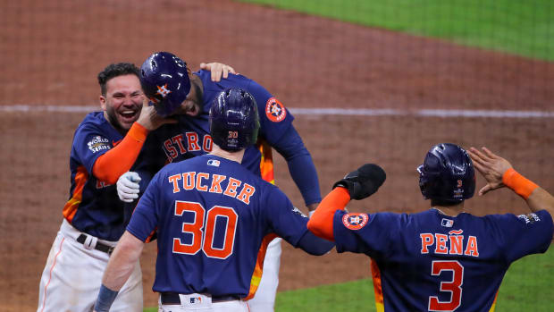 Nov 5, 2022; Houston, Texas, USA; Houston Astros left fielder Yordan Alvarez (44) celebrates with second baseman Jose Altuve (27) right fielder Kyle Tucker (30) and shortstop Jeremy Pena (3) after hitting a three run home run against the Philadelphia Phillies during the sixth inning in game six of the 2022 World Series at Minute Maid Park. Mandatory Credit: Erik Williams-USA TODAY Sports