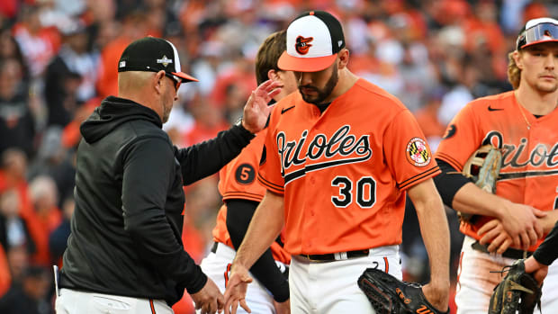 Oct 8, 2023; Baltimore, Maryland, USA; Baltimore Orioles starting pitcher Grayson Rodriguez (30) is pulled from the game during the second inning against the Texas Rangers during game two of the ALDS for the 2023 MLB playoffs at Oriole Park at Camden Yards. Mandatory Credit: Tommy Gilligan-USA TODAY Sports