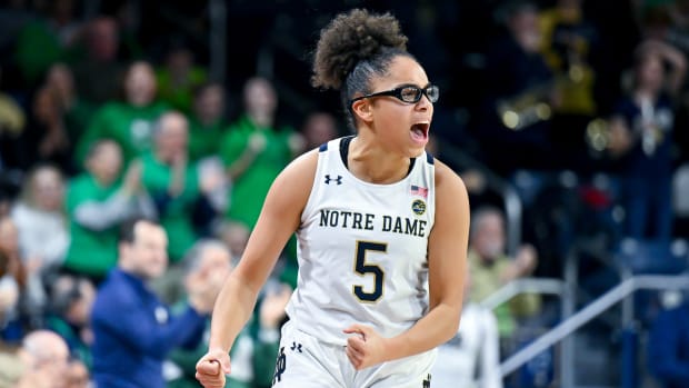Jan 26, 2023; South Bend, Indiana, USA; Notre Dame Fighting Irish guard Olivia Miles (5) reacts in the second half against the Florida State Seminoles at the Purcell Pavilion.