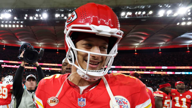 Chiefs quarterback Patrick Mahomes (15) celebrates after beating the Dolphins in an NFL International Series game at Deutsche Bank Park.