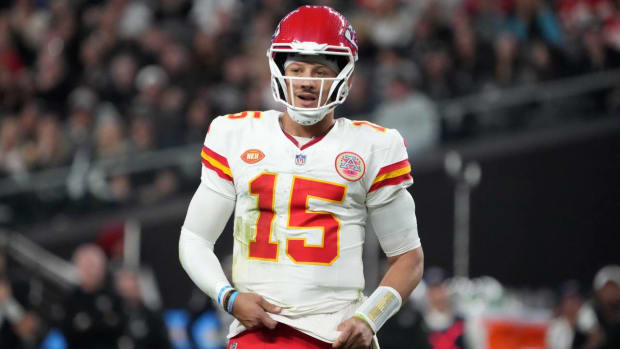 Patrick Mahomes looks to the sideline during a game against the Raiders.
