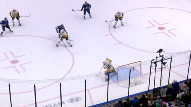 Penguins goalie Tristan Jarry scores a goal vs. the Lightning