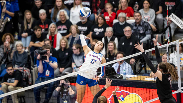 Kansas hitter Ayah Elnady elevates for a kill against Omaha in the first round of the NCAA Tournament