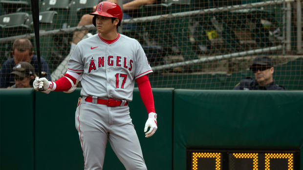 Los Angeles Angels designated hitter Shohei Ohtani waits for his turn at bat
