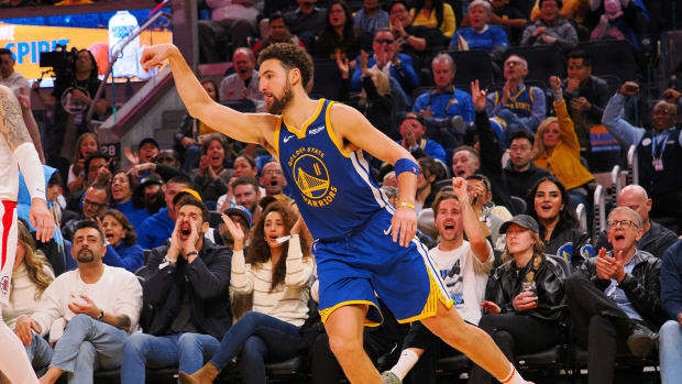 Golden State Warriors guard Klay Thompson celebrates after scoring
