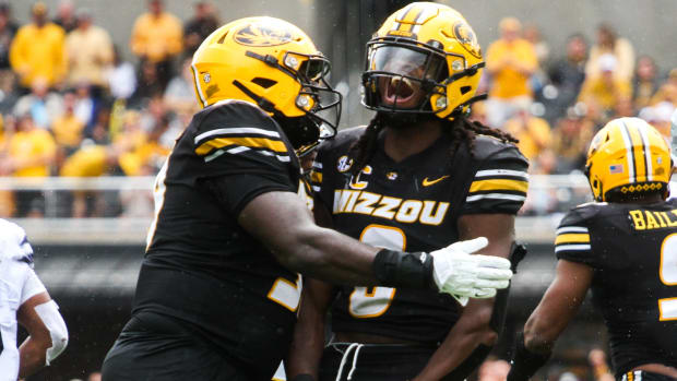 Missouri linebacker Ty'Ron Hopper celebrates after a play during a game against Kansas State at Memorial Stadium on Sept. 16, 2023, in Columbia, Mo.