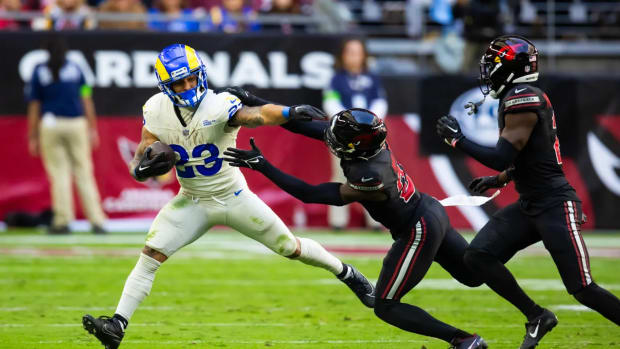 Nov 26, 2023; Glendale, Arizona, USA; Los Angeles Rams running back Kyren Williams (23) against the Arizona Cardinals in the first half at State Farm Stadium.