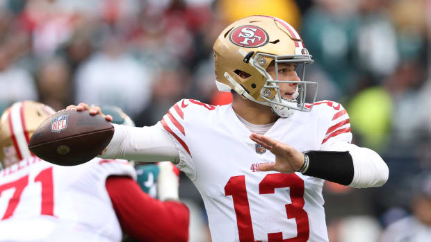 Jan 29, 2023; Philadelphia, Pennsylvania, USA; San Francisco 49ers quarterback Brock Purdy (13) throws a pass against the Philadelphia Eagles during the first quarter in the NFC Championship game at Lincoln Financial Field. Mandatory Credit: Bill Streicher-USA TODAY Sports  