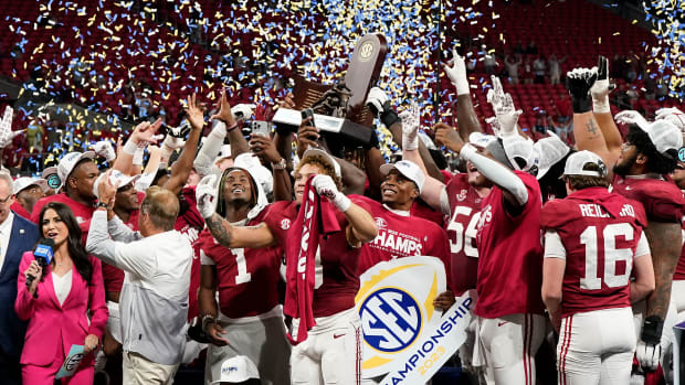 Dec 2, 2023; Atlanta, GA, USA; The Alabama Crimson Tide react after defeating the Georgia Bulldogs for the SEC Championship at Mercedes-Benz Stadium.