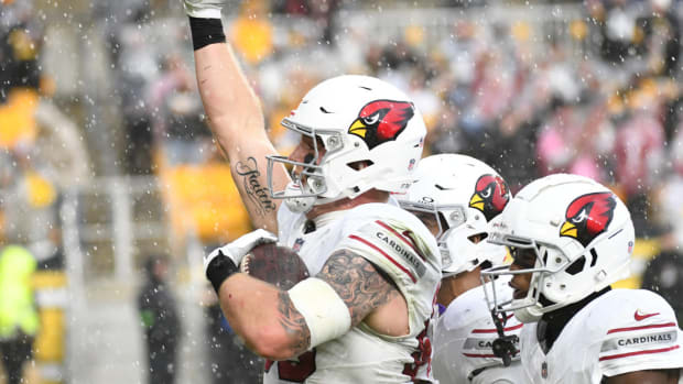 Arizona Cardinals tight end Trey McBride (85) celebrates a touchdown against the Pittsburgh Steelers during the second quarter at Acrisure Stadium.