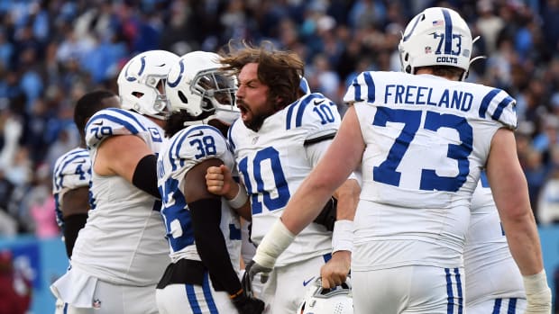 Dec 3, 2023; Nashville, Tennessee, USA; Indianapolis Colts quarterback Gardner Minshew (10) celebrates with teammates after throwing the game-winning touchdown to beat the Tennessee Titans at Nissan Stadium.