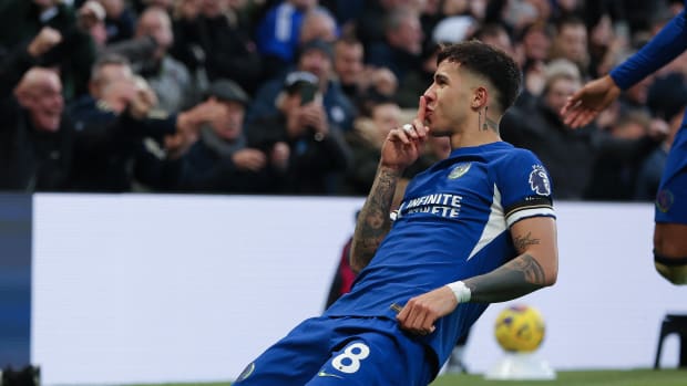 Enzo Fernandez pictured celebrating after scoring two goals for Chelsea in a 3-2 win over Brighton in the Premier League in December 2023
