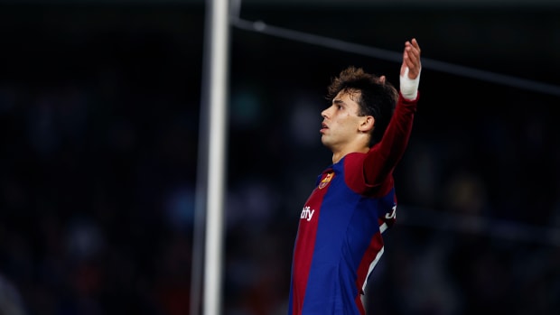Joao Felix pictured celebrating after scoring the winning goal for Barcelona in a 1-0 victory over Atletico Madrid in December 2023