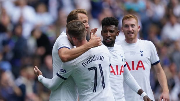 James Maddison pictured hugging Harry Kane during Tottenham's 5-1 win over Shakhtar Donetsk in a pre-season friendly in August 2023, six days before the striker moved to Bayern Munich