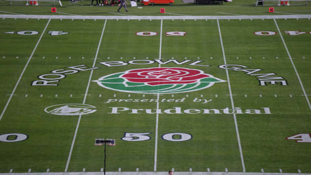 Jan 2, 2023; Pasadena, California, USA; General view of the 109th Rose Bowl Game logo at midfield at Rose Bowl Stadium.