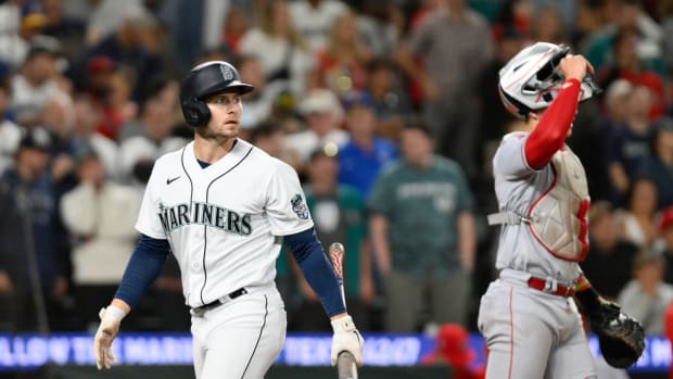 Sep 11, 2023; Seattle, Washington, USA; Seattle Mariners right fielder Jarred Kelenic (10) walks off the field after striking out to the Los Angeles Angels during the ninth inning at T-Mobile Park.