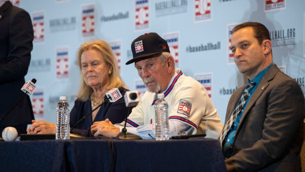 Jim Leyland takes questions during a press conferences at the 2023 Baseball Winter Meeting at the Gaylord Opryland in Nashville, Tenn., Monday, Dec. 4, 2023. Leyland was selected to be inducted in Baseball Hall of Fame.