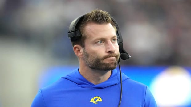 Dec 3, 2023; Inglewood, California, USA; Los Angeles Rams coach Sean McVay reacts against the Cleveland Browns in the second half at SoFi Stadium.