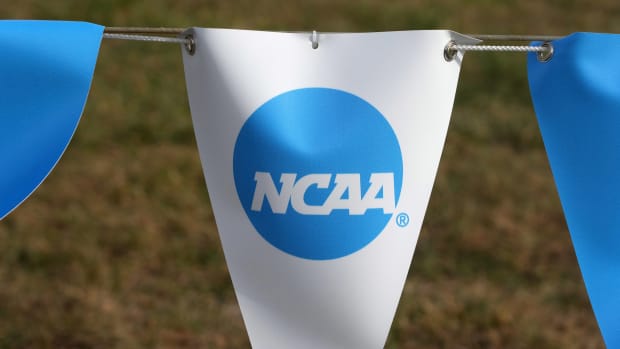The NCAA logo on a banner at the NCAA cross country championships course at Panorama Farms.