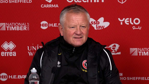 Manager Chris Wilder pictured during his first press conference after being rehired by Sheffield United in December 2023